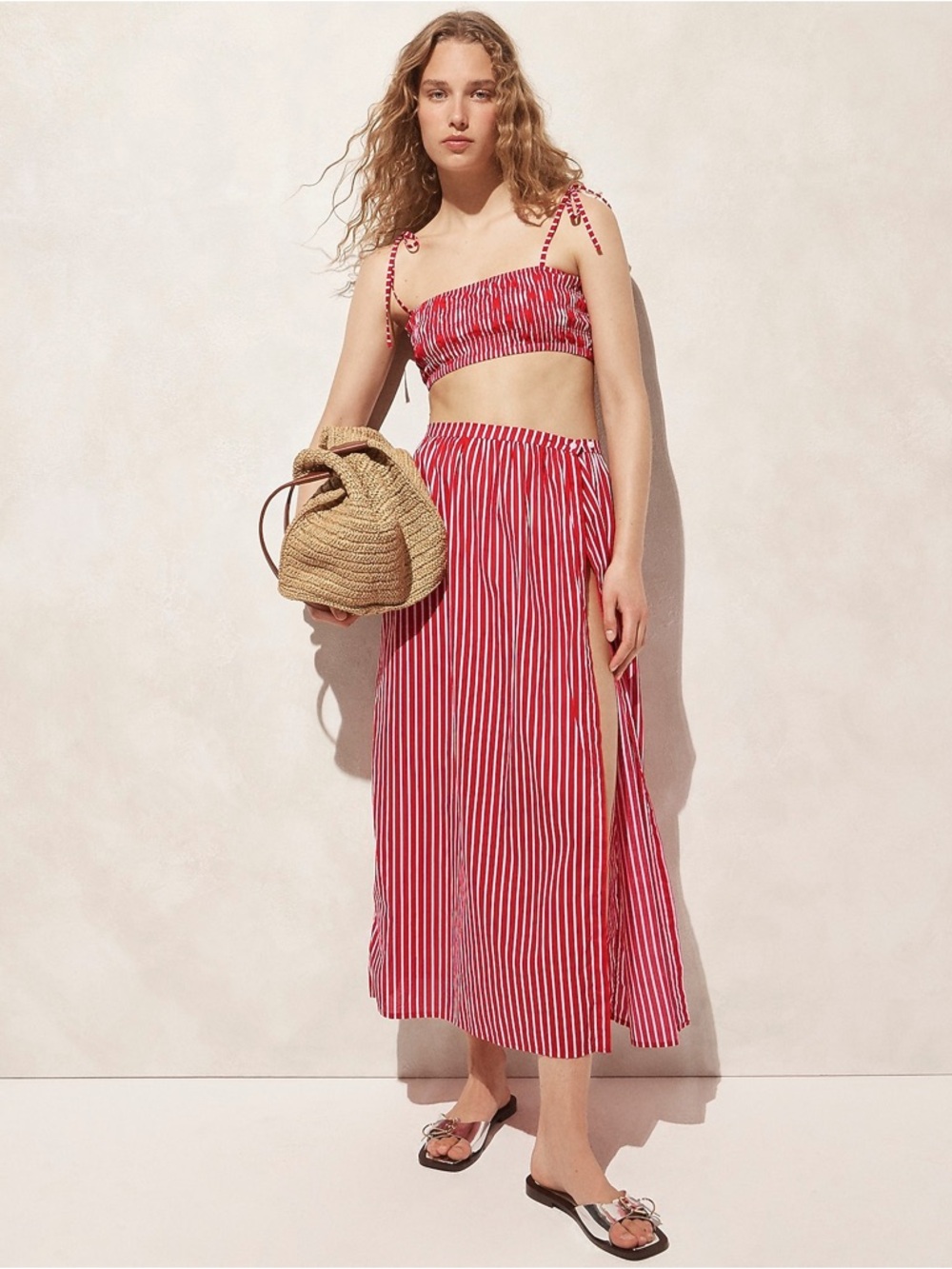 J. Crew Beach Skirt & Smocked Tie Top in XS. Co-ord set red stripe.